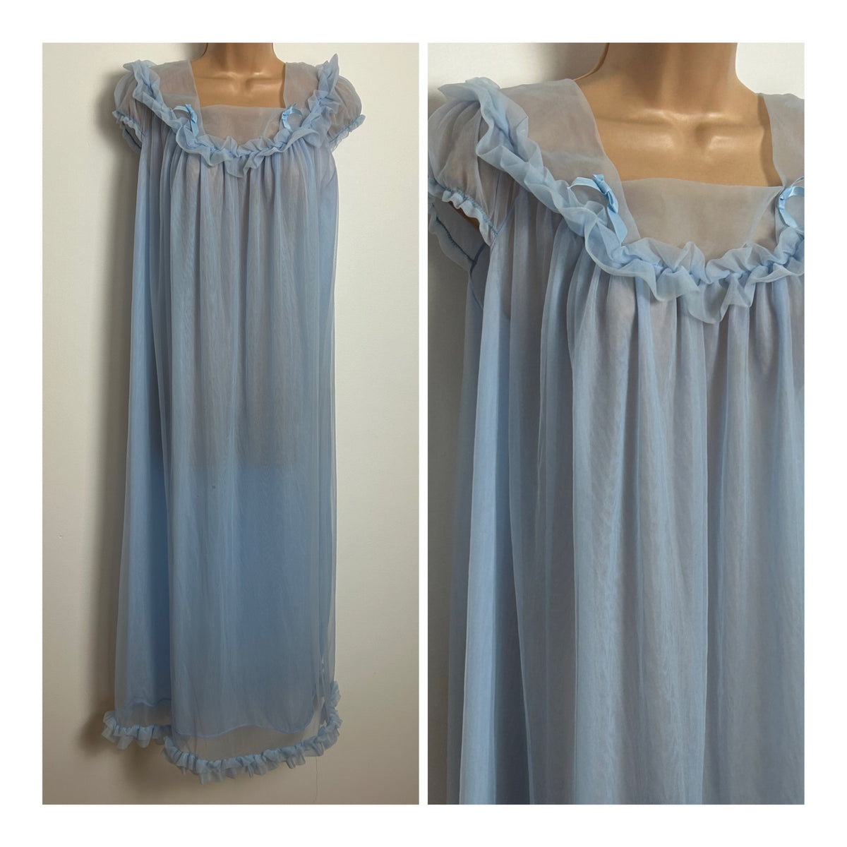 Vintage Late 1960s Size 16 Powder Blue Ruffle Bow Trim Detail Negligee Peignoir Nightdress