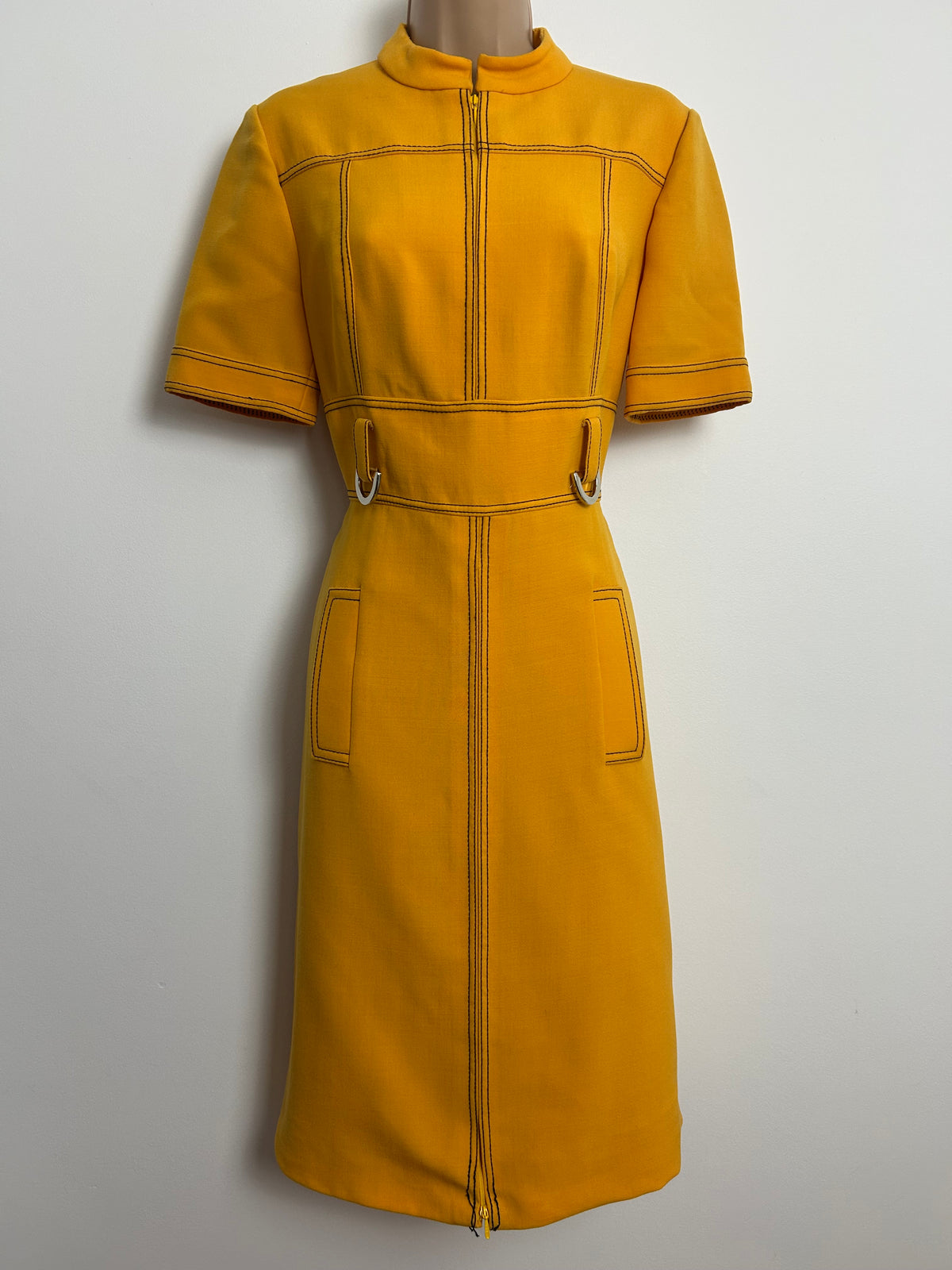 Vintage 1960s DOOLITTLE Size 8 Mustard Yellow & Black Stitch Detail Mod Dress
