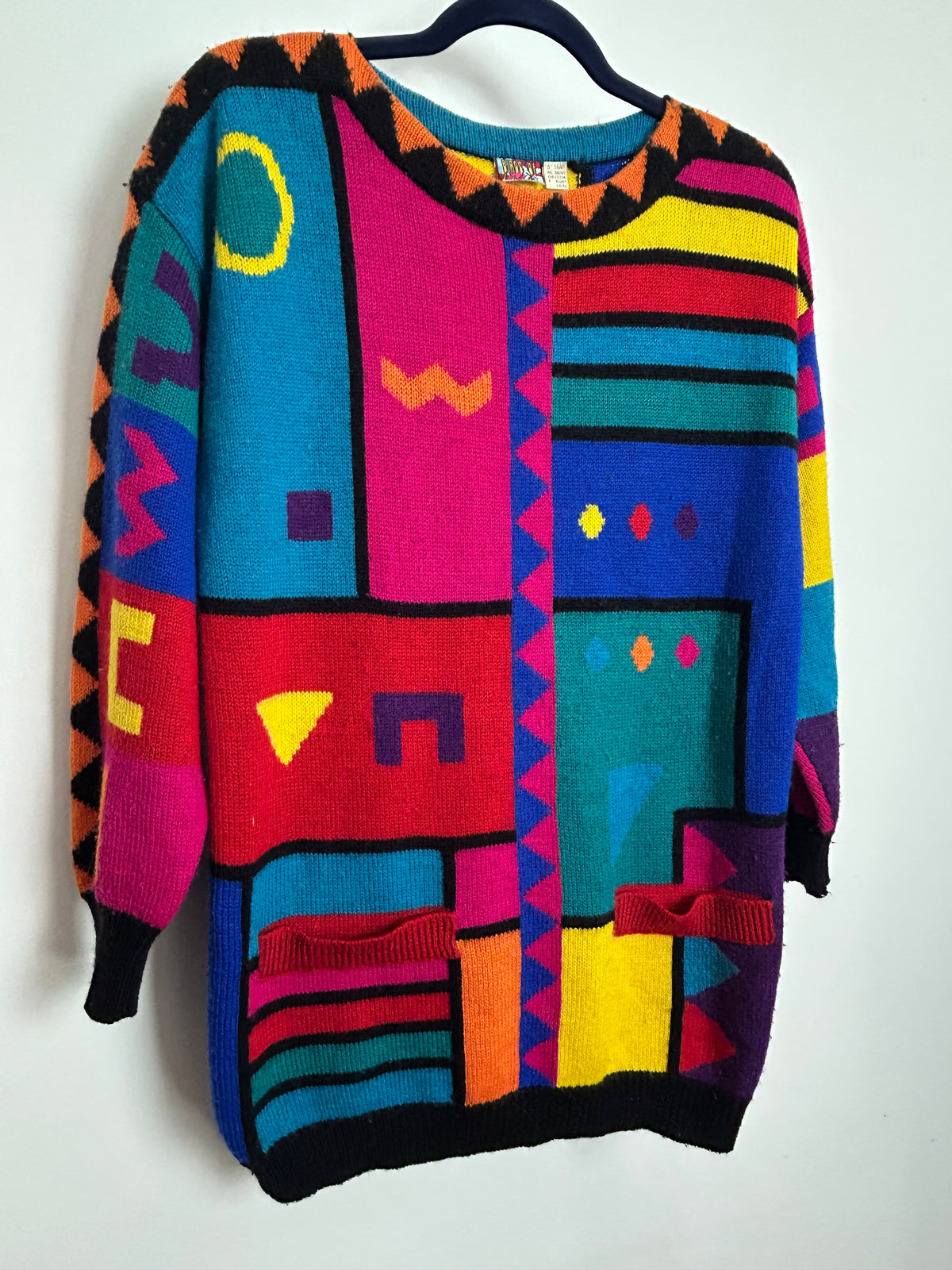 Vintage 1980s BIRDS OF Size 12-14 Bright Multicolour Abstract Geo Print Wool Mix Jumper