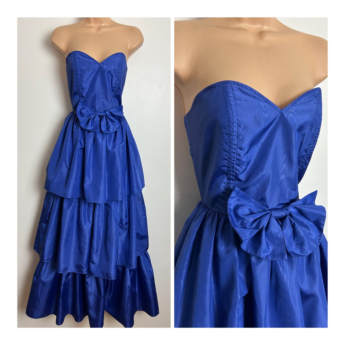 Vintage 1980s VIVIEN SMITH Size 6-8 AMAZING Blue Watermark Strapless Tiered Occasion Ballgown