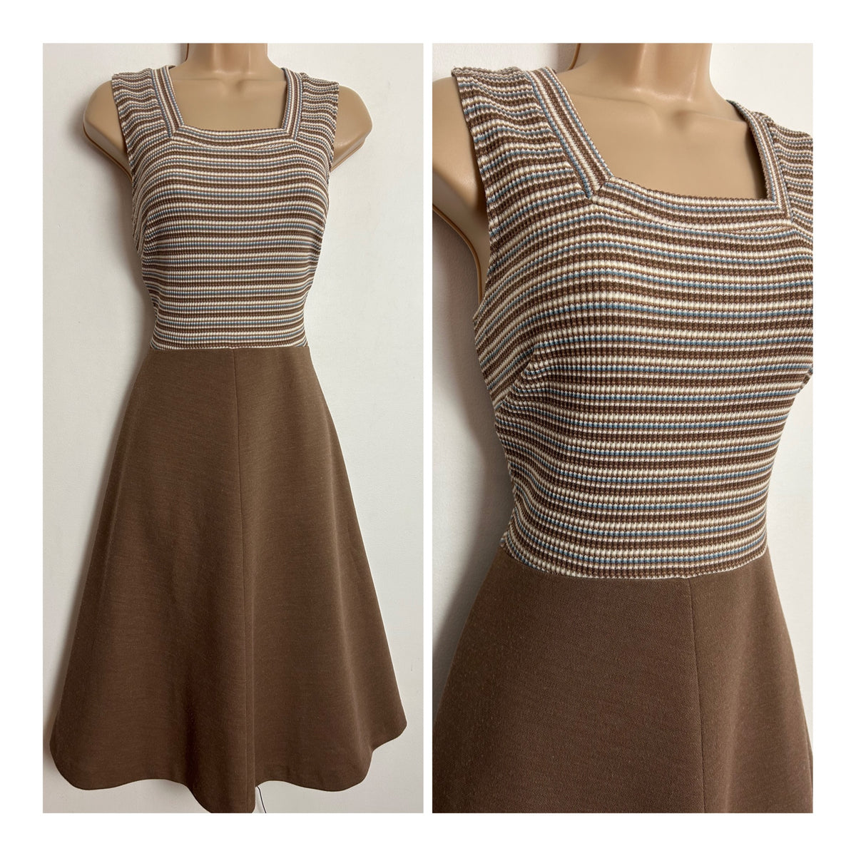 Vintage 1960s DARLING DEBS BY RUTH EIB UK Size 8 Mocha Brown White & Blue Stripe Mod Dress