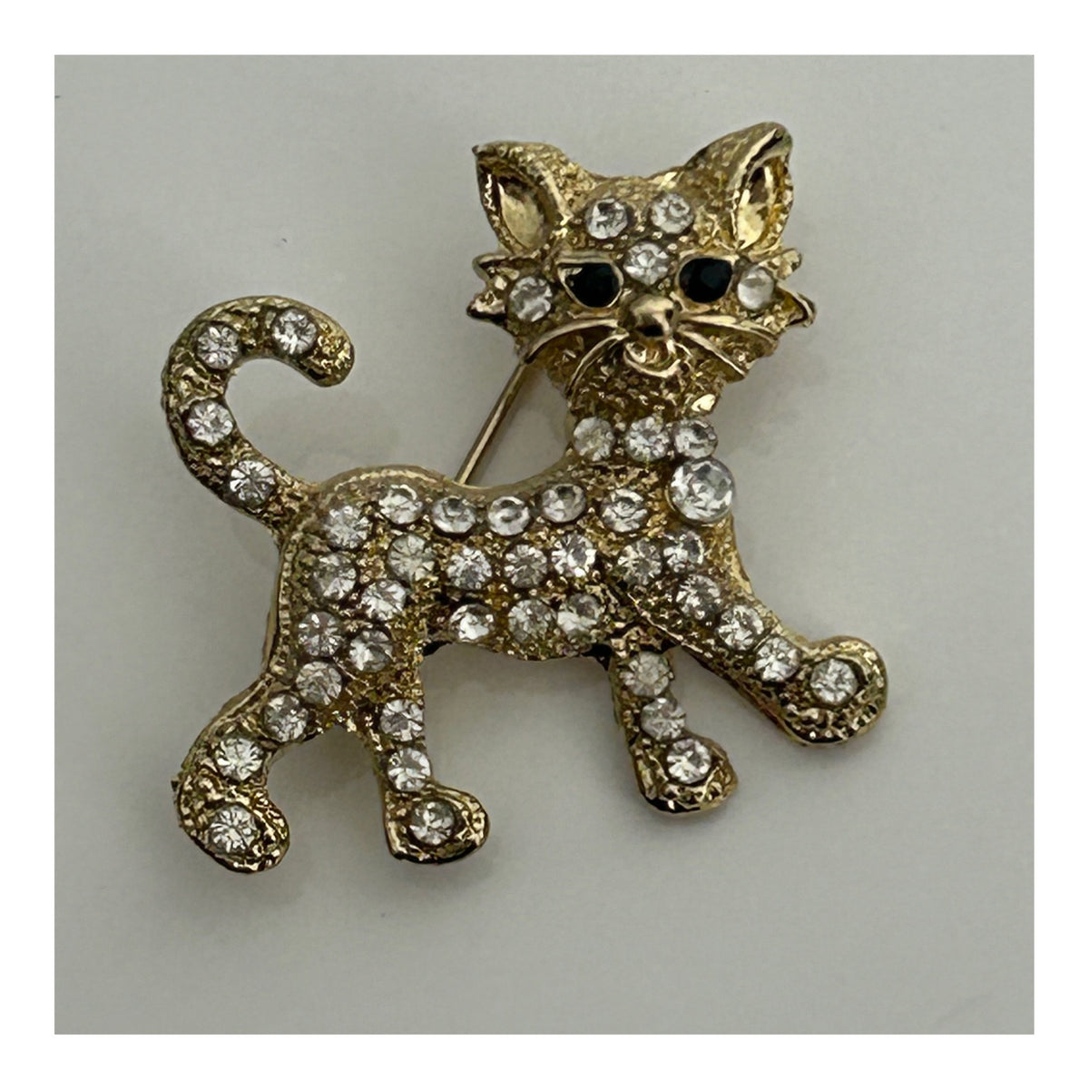 Vintage Cute Little Gold Tone Diamante Set Cat Brooch