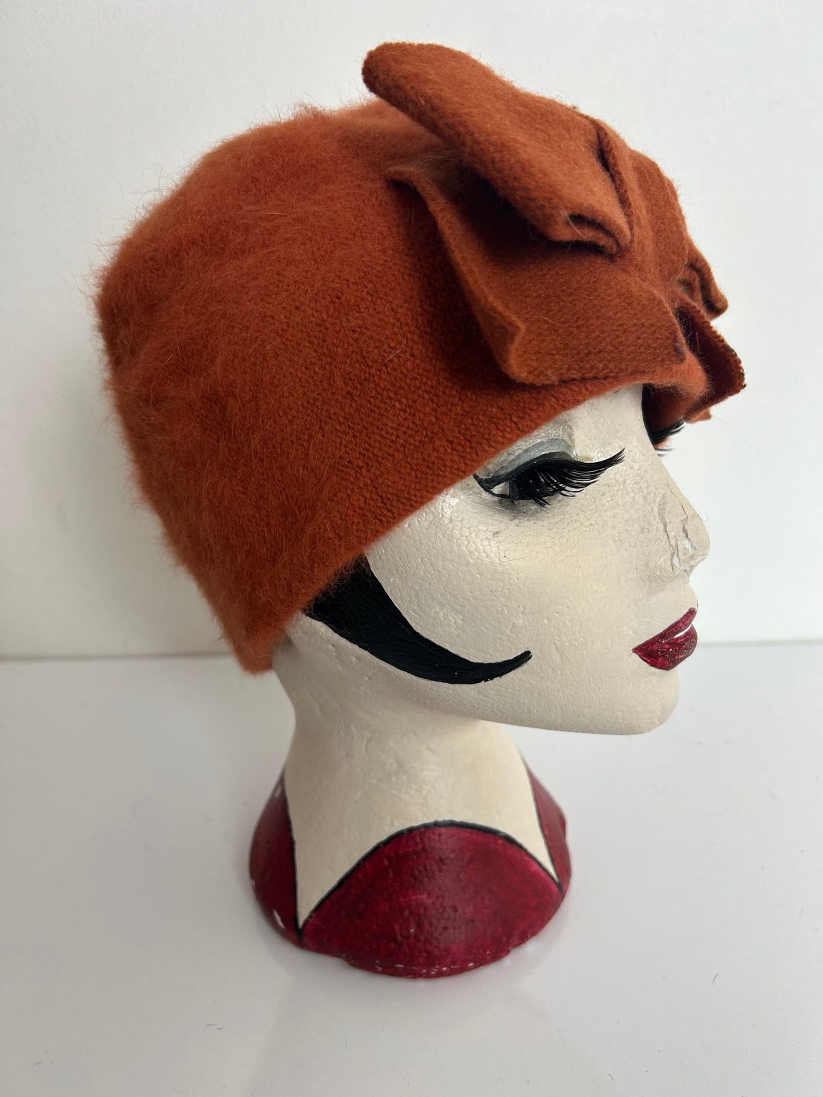 Vintage Rusty Orange Angora & Wool Mix Bow Detail Beanie Hat