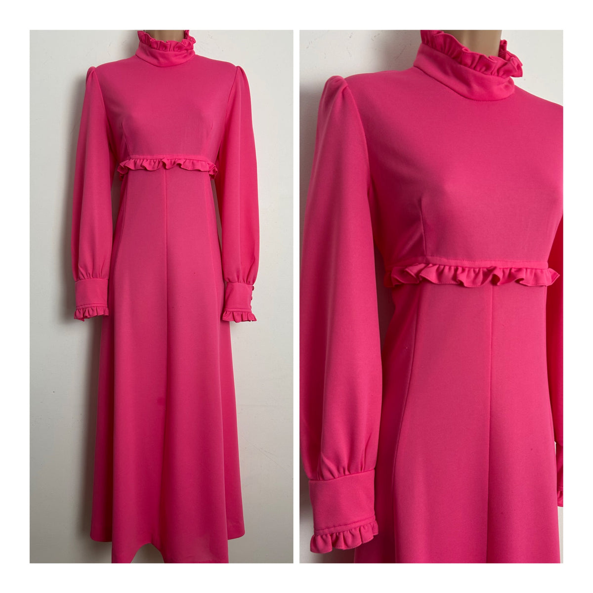 Vintage 1970s Size 10-12 Hot Pink High Neck Long Sleeve Maxi Dress