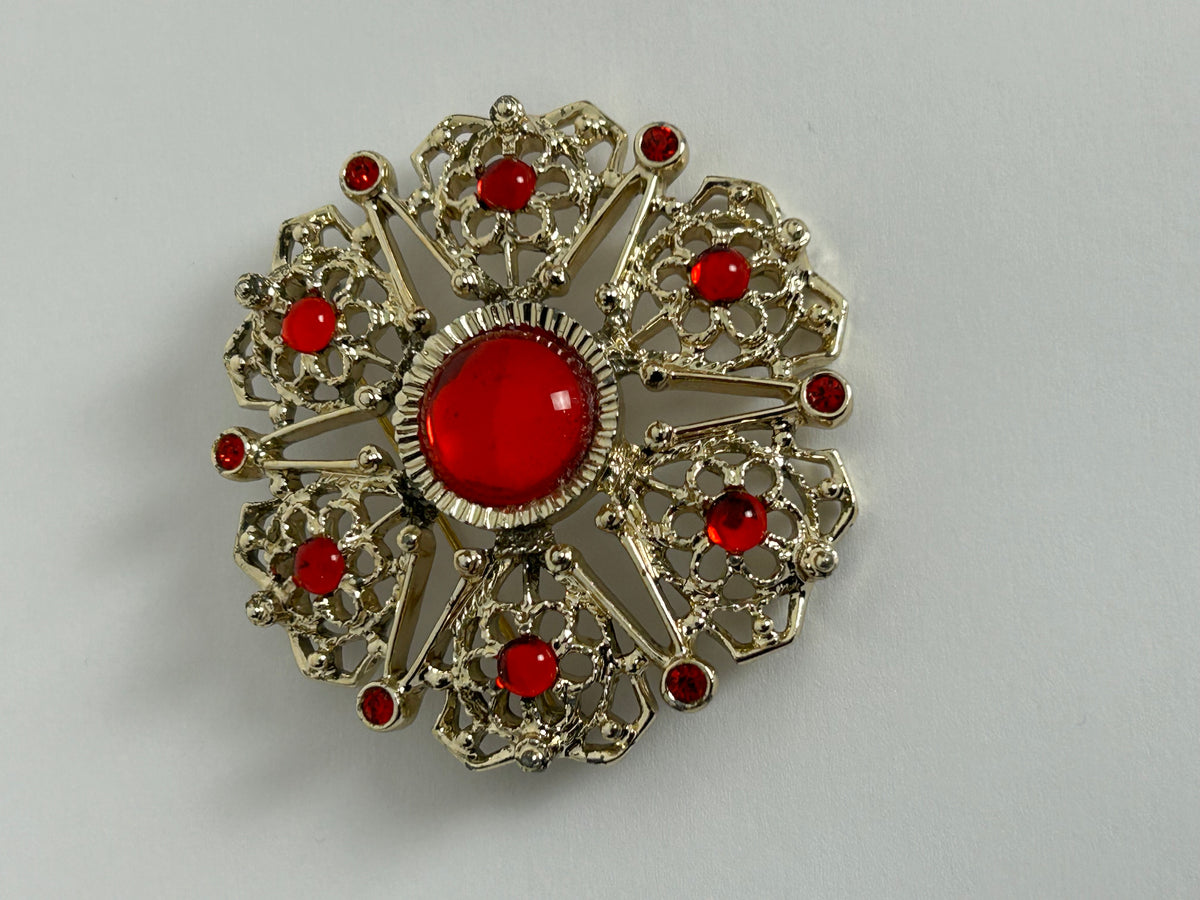 Vintage SARAH COVENTRY Large Gold Tone & Red Glass Sone Set Cut Out Brooch