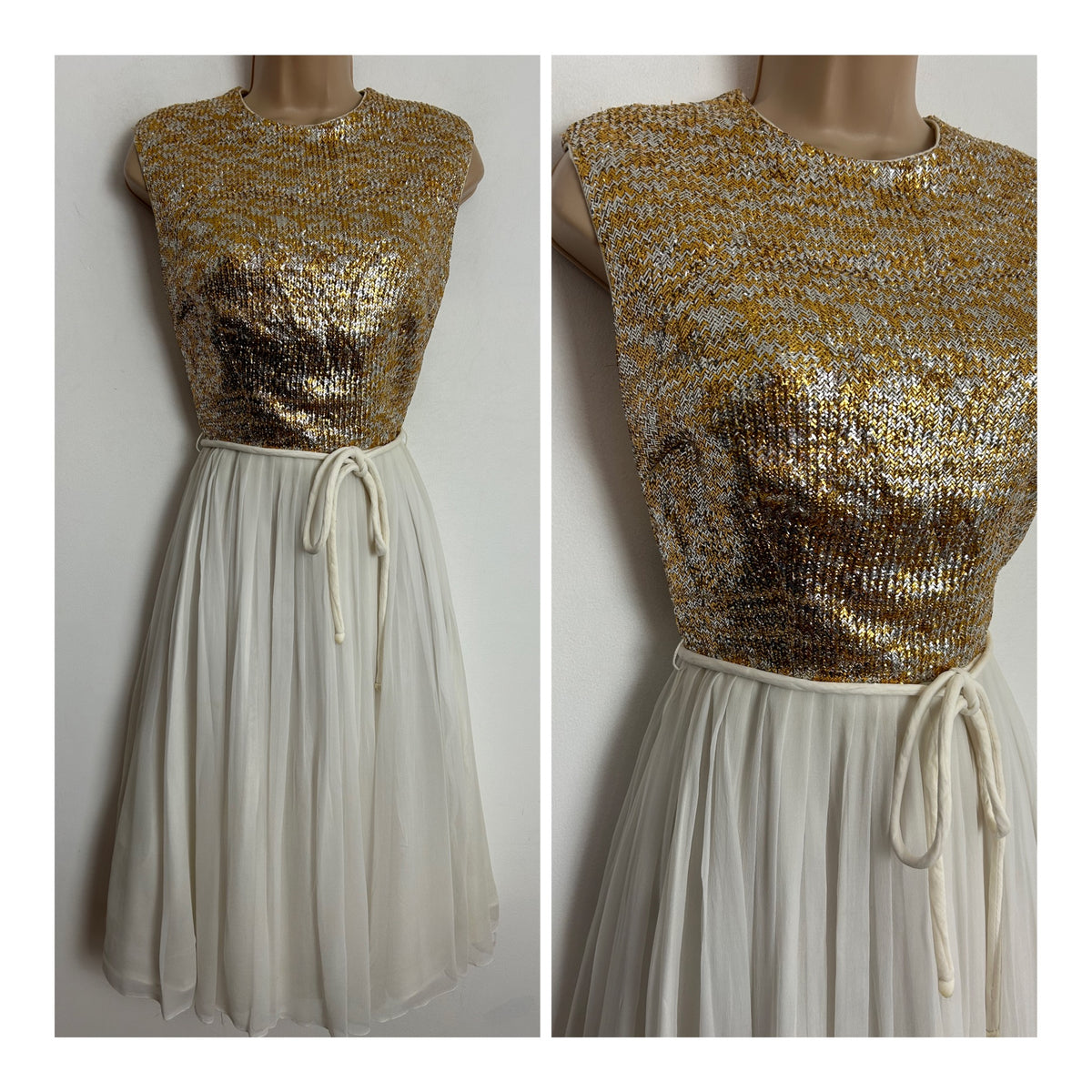 Vintage Late 1950s/Early 1960s BLANES UK Size 8 White Gold & Silver Lurex Belted Pleated Occasion Party Dress