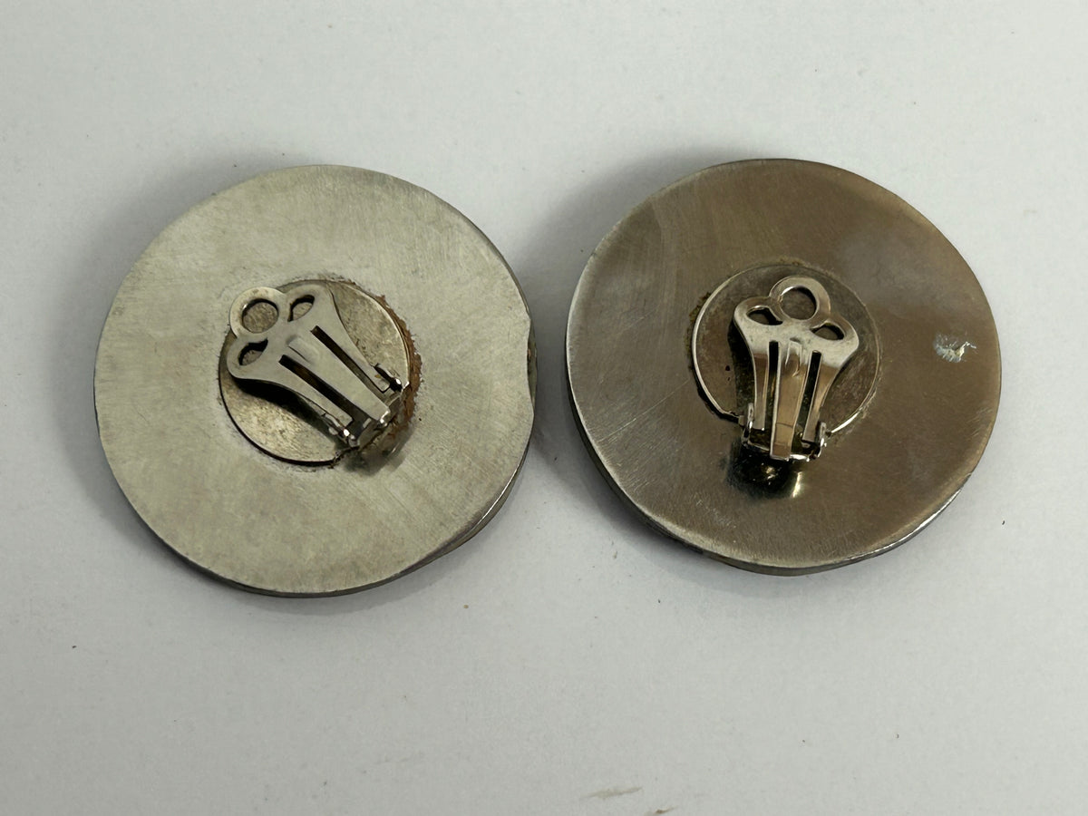 Vintage 1980s Large Round Glass & Silver Tone Base Metal Animal Print Clip On Earrings