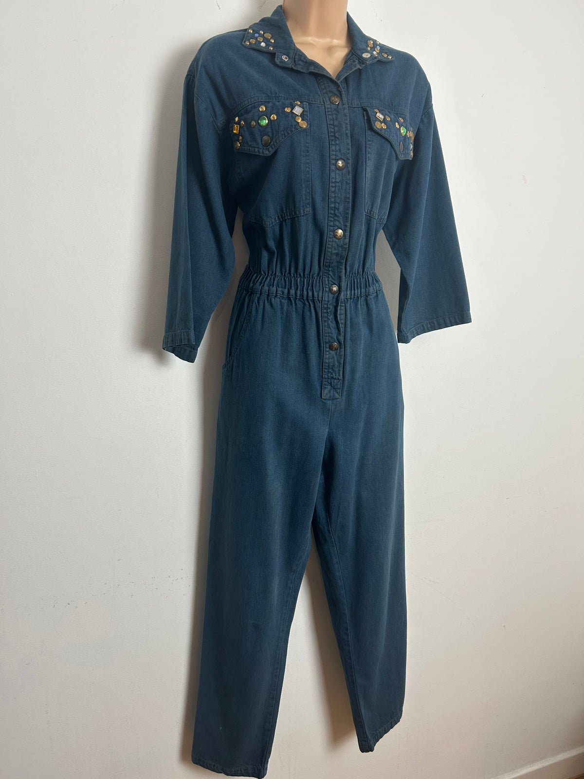 Vintage 1980s DREAMS Size 10 Dark Denim Jewel & Stud Embellished Pocket Detail Jumpsuit