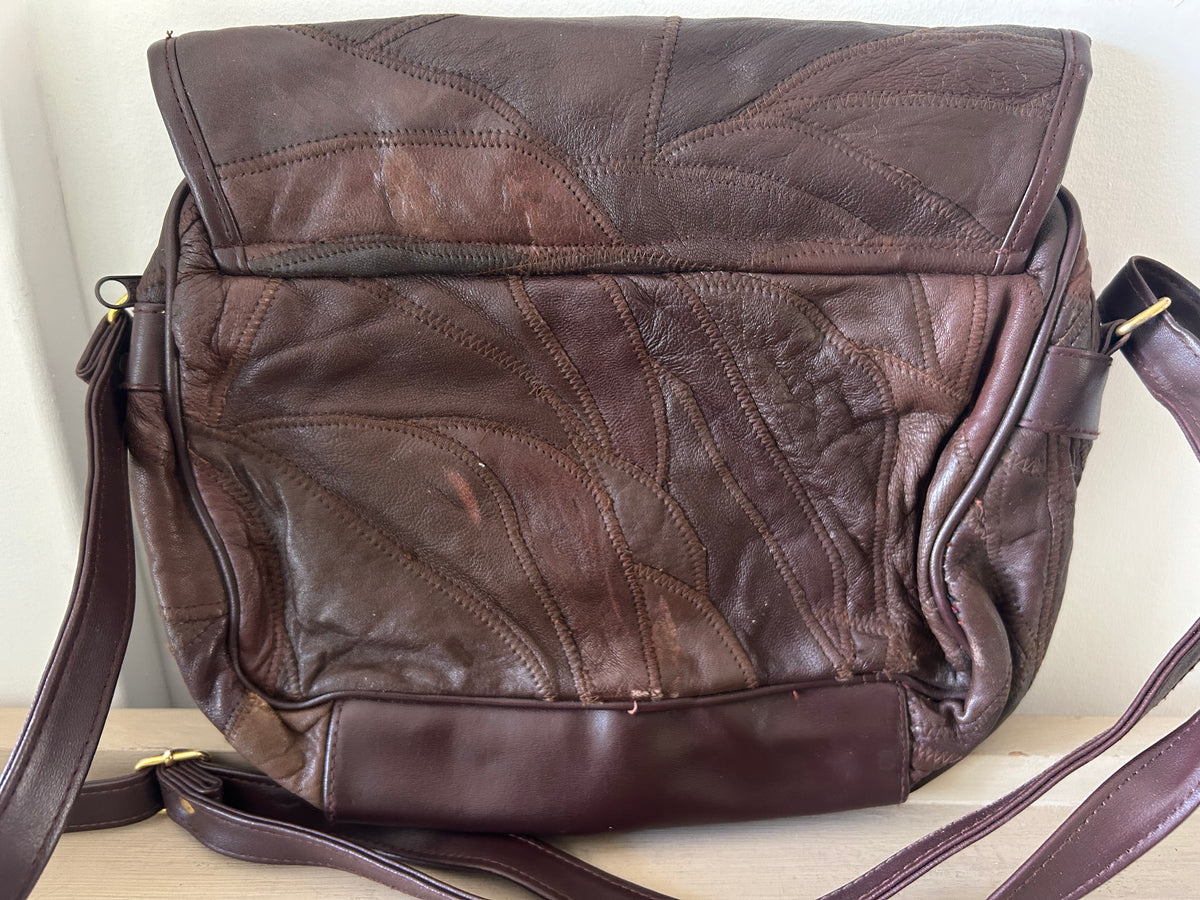 Vintage 1980s Brown Leather Patchwork Style Shoulder Or Cross Body Bag