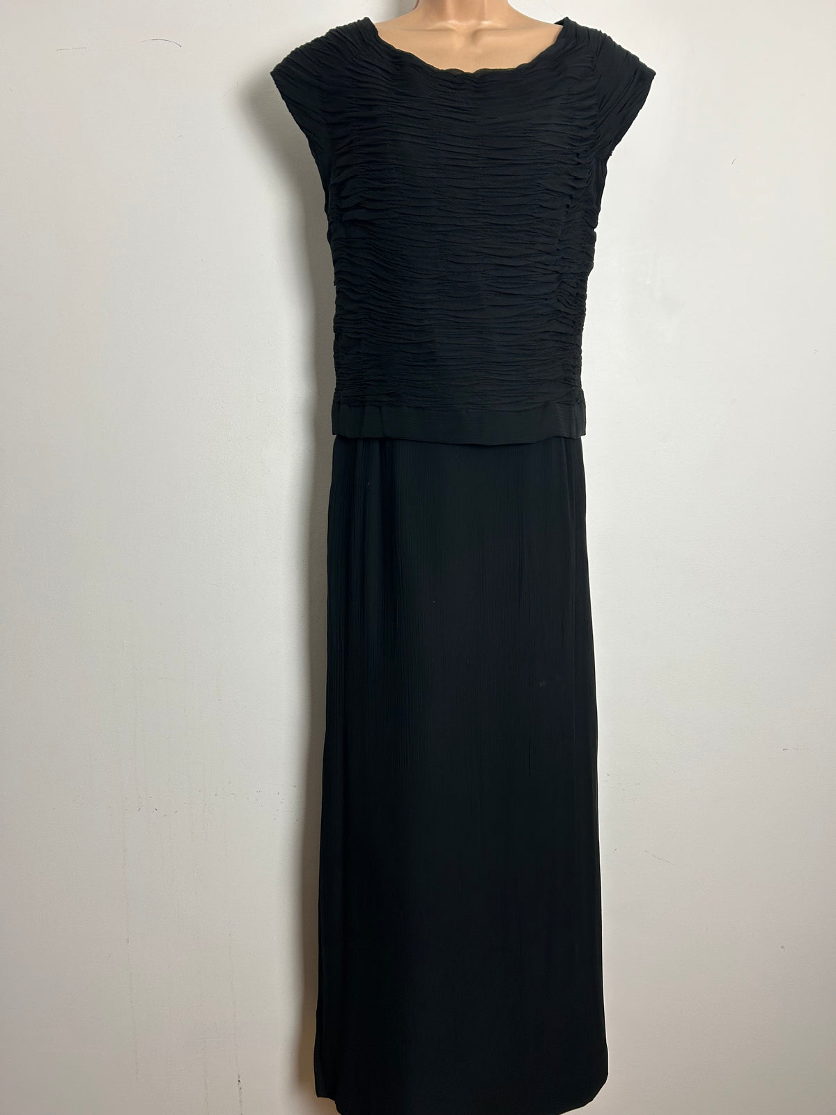 Vintage Late 1950s Early 1960s Size 14-16 Black Silk Crepe Mock Two Piece Evening Maxi Dress