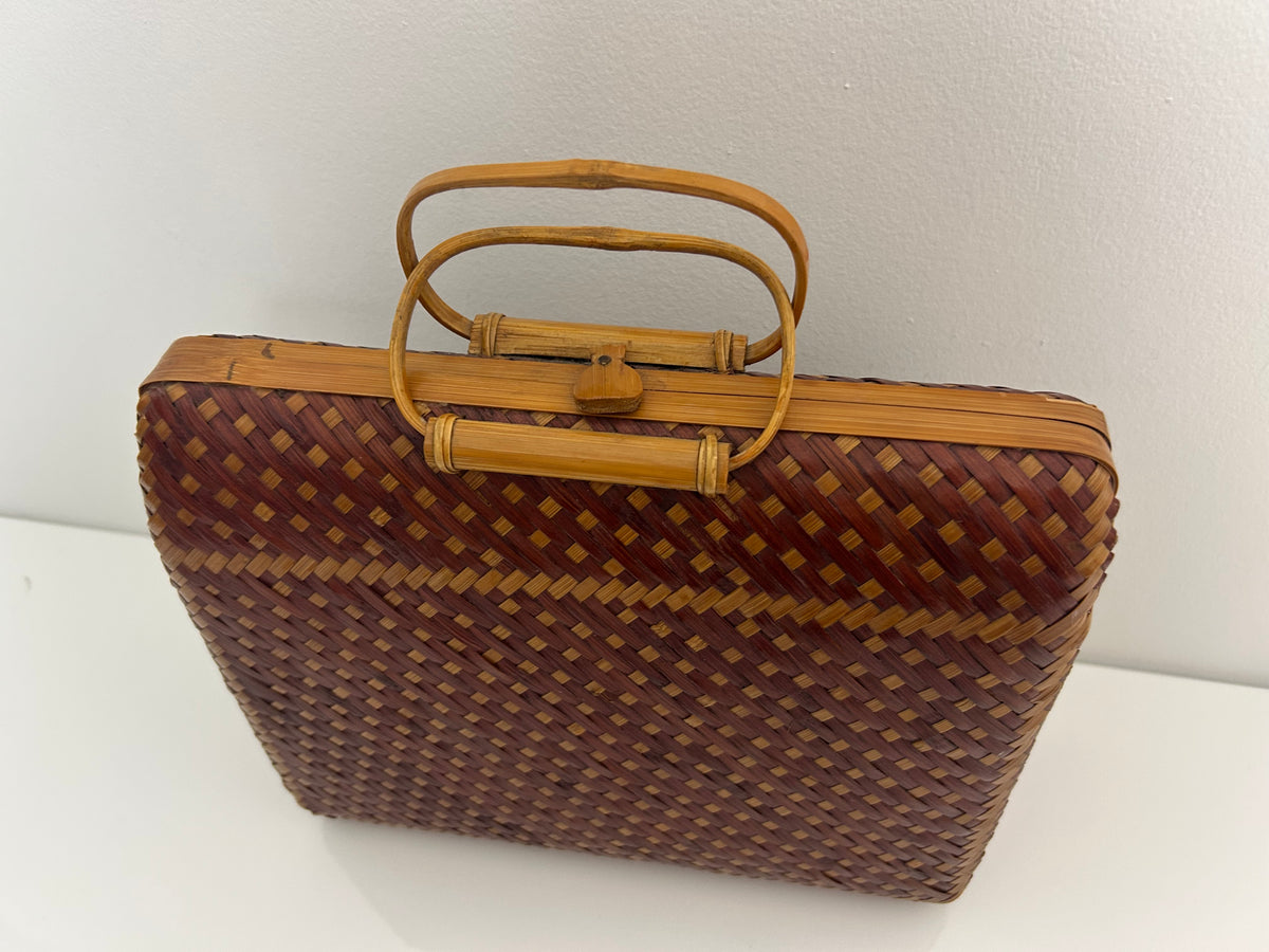 Vintage 1950s Peoples Republic Of China Brown & Tan Wicker Woven Box Style Handbag