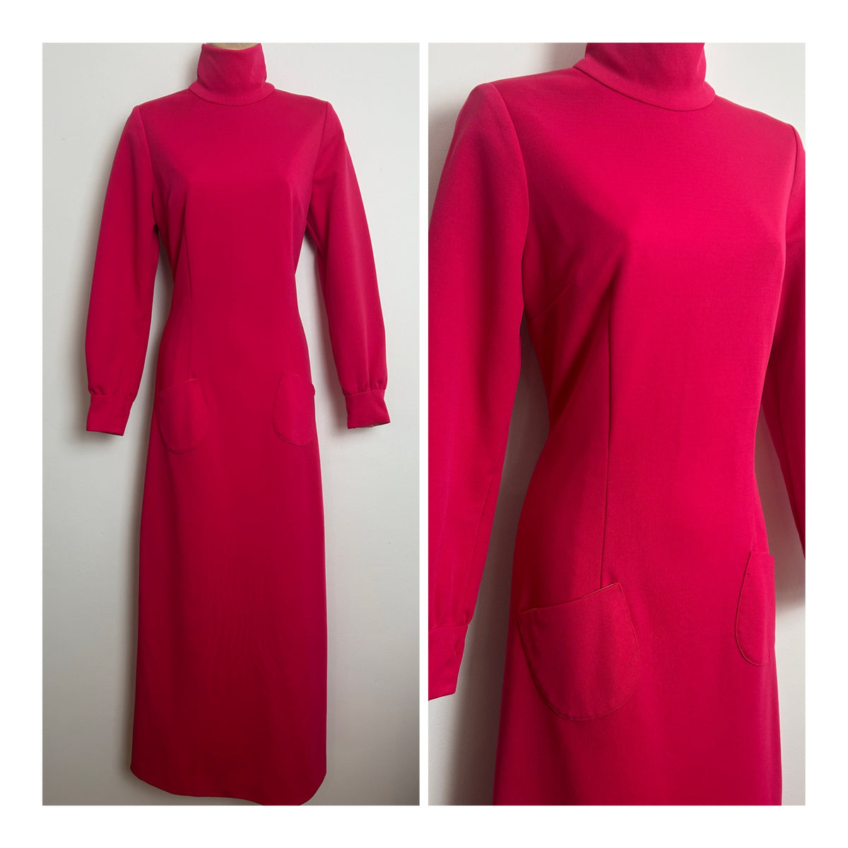 Vintage 1960s Size 10 Hot Pink Long Sleeve Pocket Detail Maxi Dress