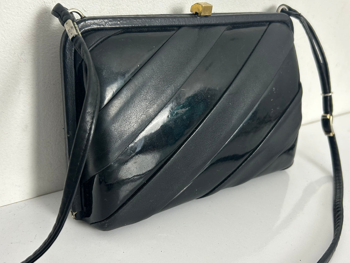 Vintage 1960s Black Leather & Patent Panels Box Style Shoulder Handbag