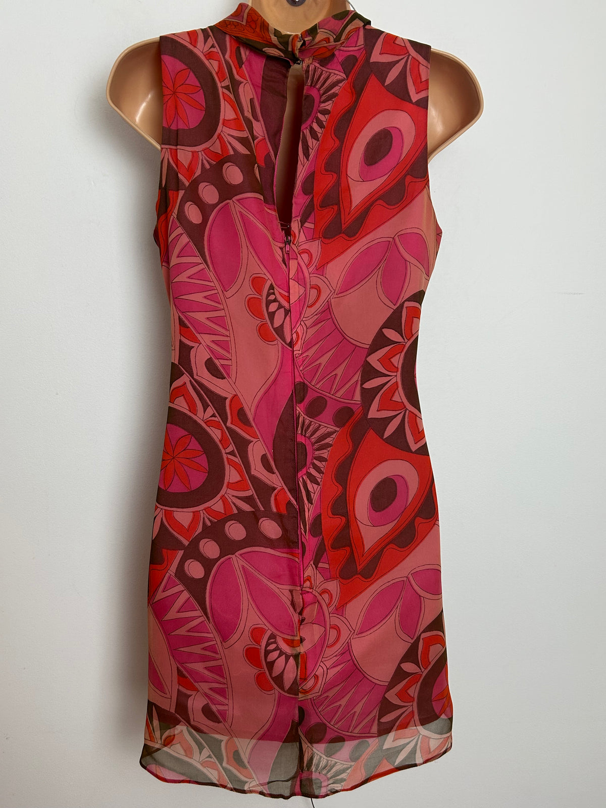 Vintage 1960s DOLLYROCKERS Size 8 Red Pink & Brown Psychedelic Abstract Print Mini Shift Dress