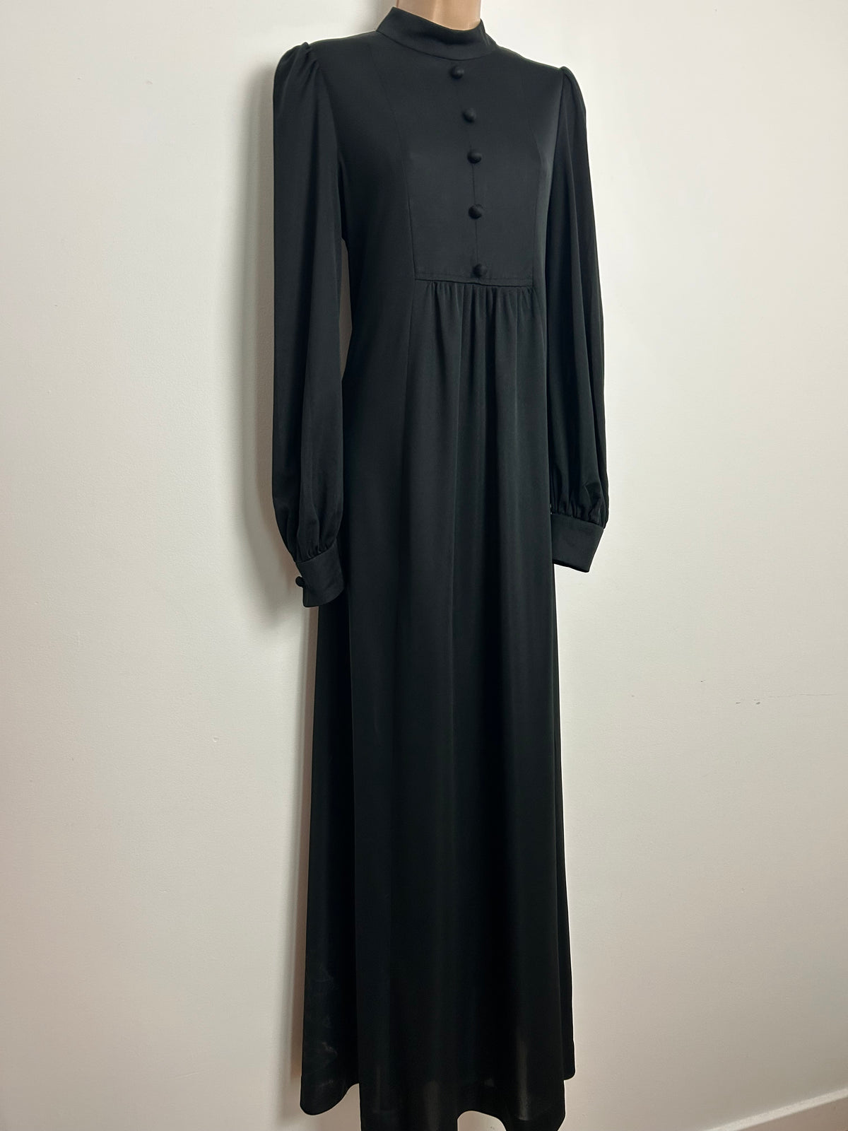 Vintage 1970s DEBENHAMS Size 14 Black Long Sleeve High Neck Classic Black Maxi Dress