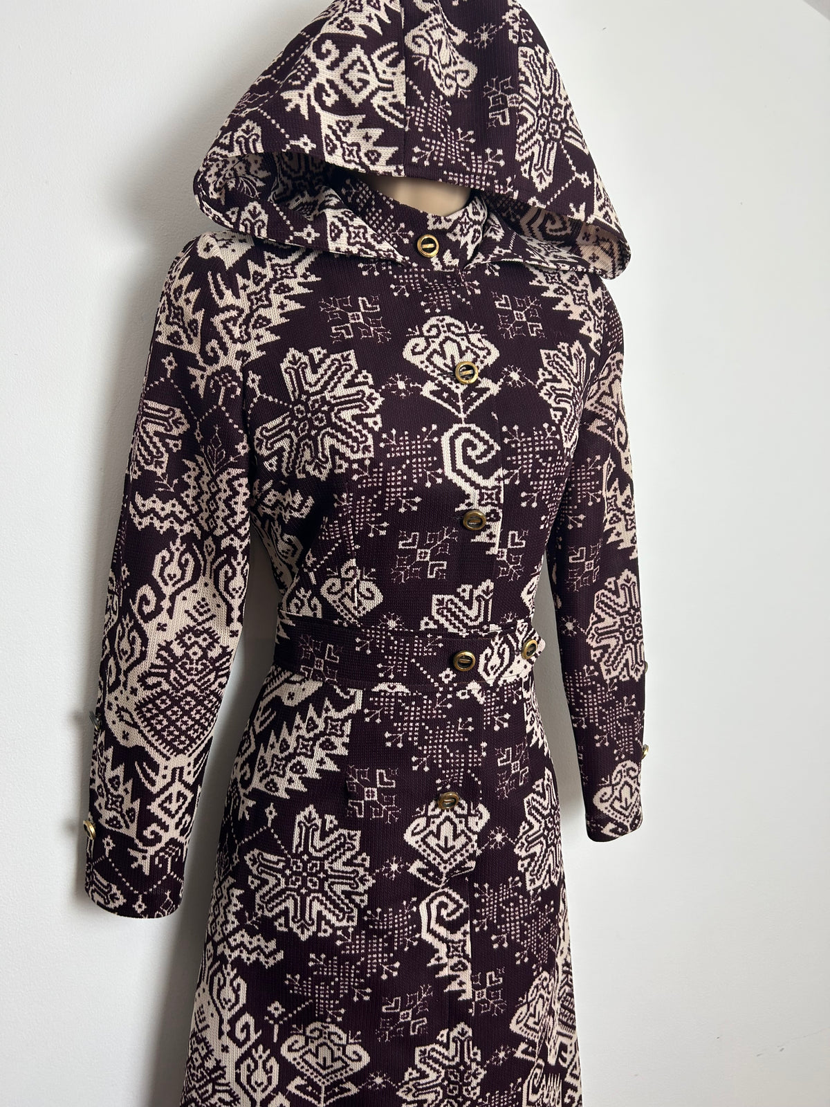 Vintage 1970s Size 8-10 Aubergine Purple & Off White Abstract Print Long Sleeve Hooded Maxi Dress
