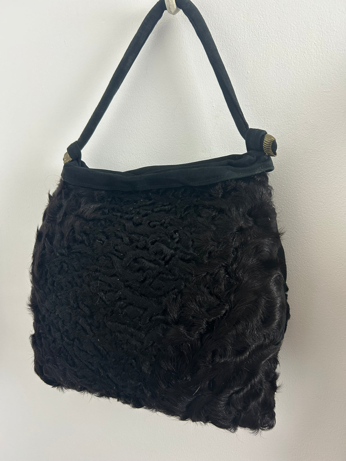 Vintage 1940s Black Persian Lamb & Suede Muff Handwarmer Handbag