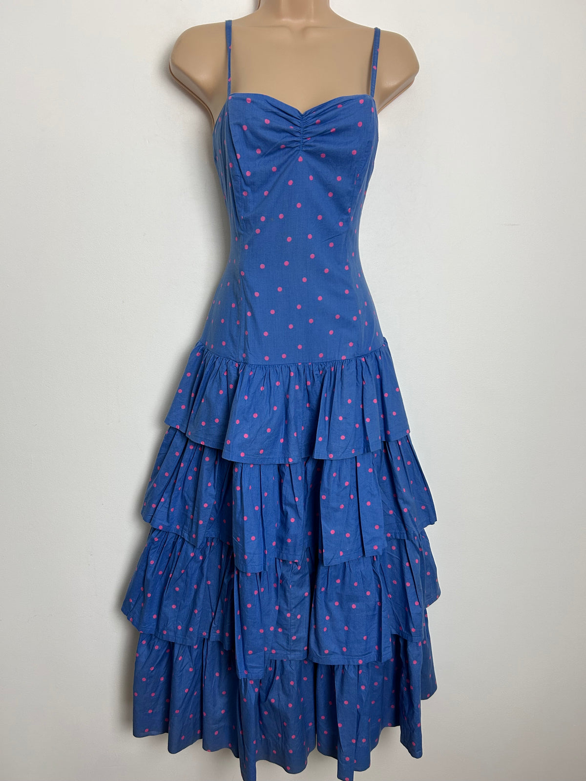 Vintage 1980s LAURA ASHLEY Size 8 Blue & Pink Polka Dot Print Layered Ra Ra Style Midaxi Dress