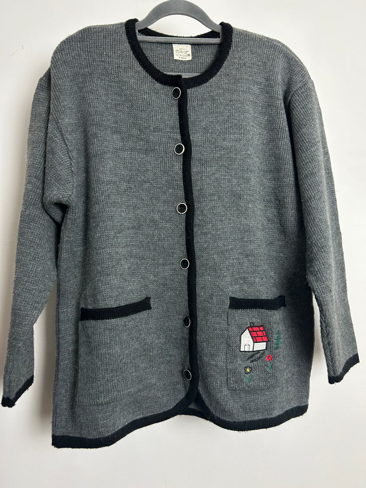 Vintage 1980s Up To Size 14 Grey Embroidered Cottage Pocket Detail Cardigan