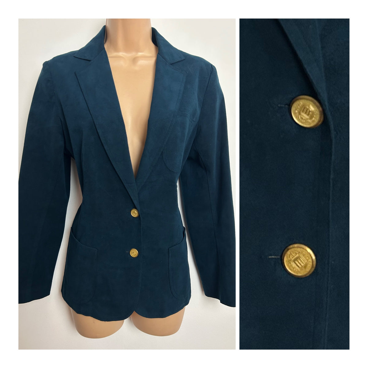 Vintage 1980s Size 10-12 Navy Blue Moleskin Classic Blazer With Gold Buttons