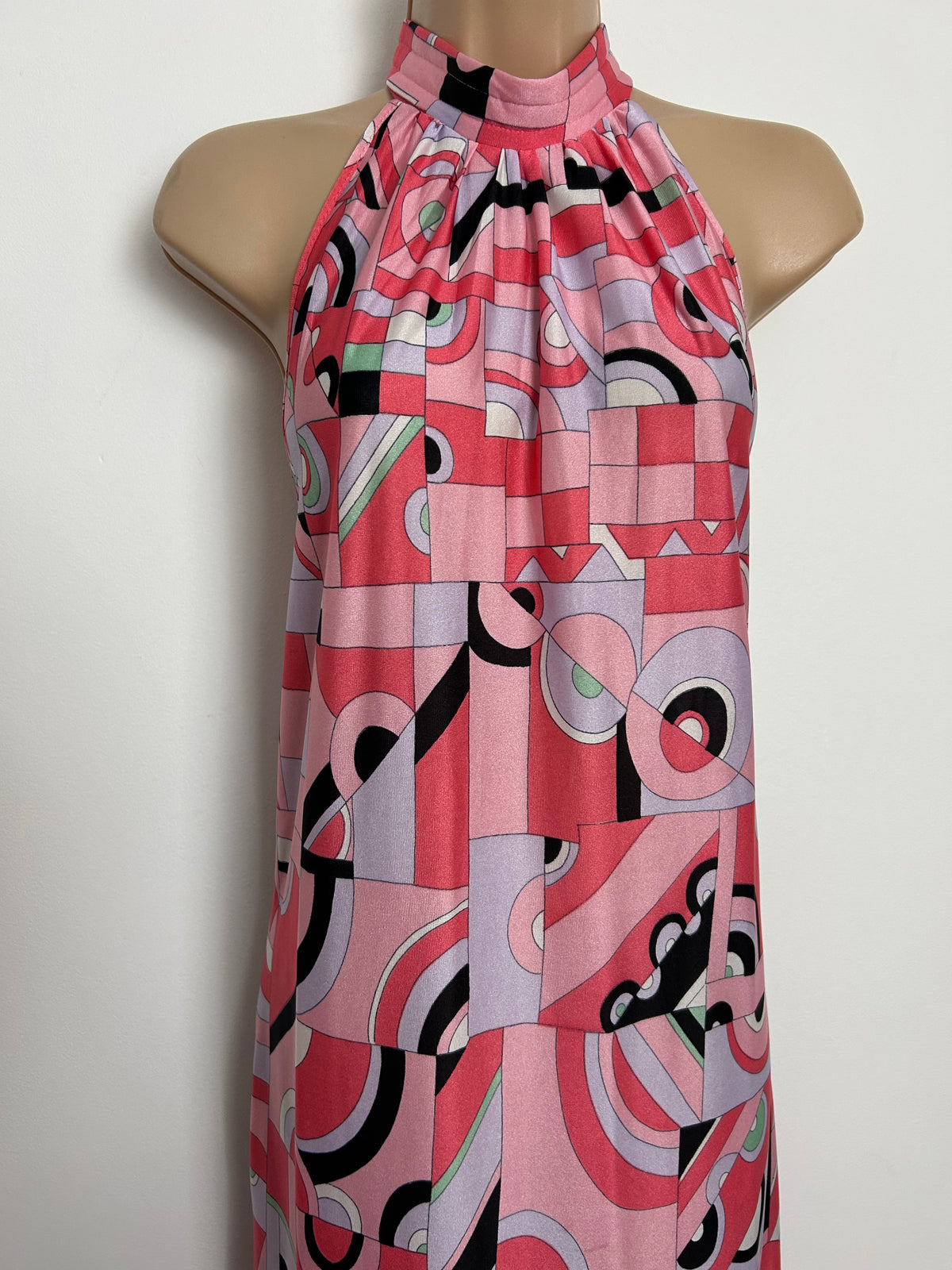 Vintage 1970s Size 8-10 Pink Tones Psychedelic Geo Print Halter Neck Trapeze Style Maxi Dress