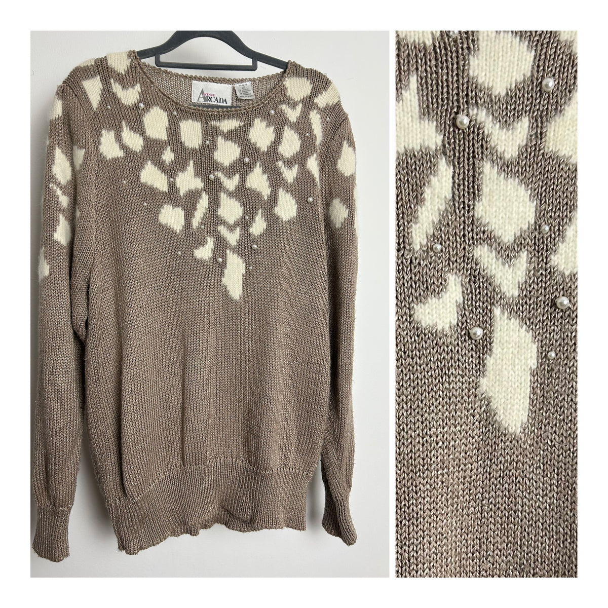 Vintage 1980s ARCADIA AVENUE Up To Size 14/16 Light Brown & Cream Animal Print Bead Detail Jumper