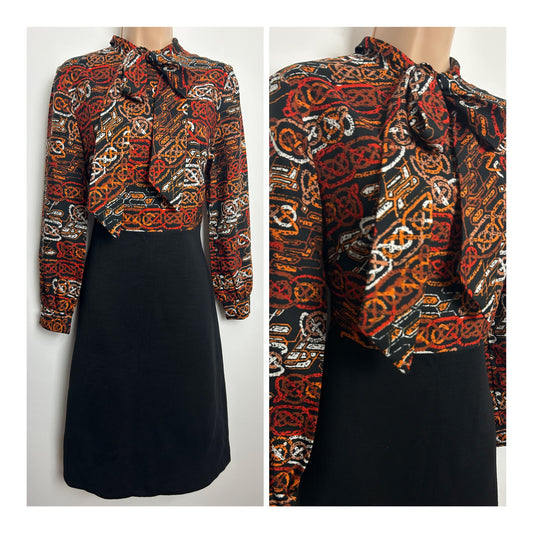 Vintage Early 1970s Size 10 Black Orange & Brown Tones Abstract Go Print Pussy Bow Mod Dress