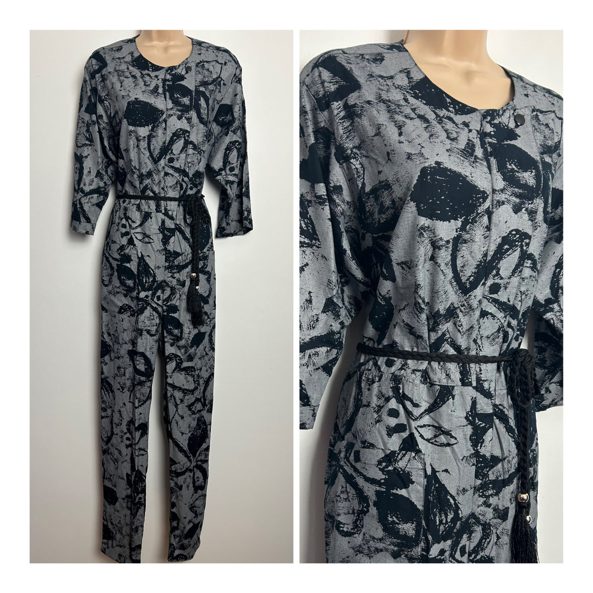 Vintage 1980s Size 10-12 Silvery Grey & Black Abstract Print 3/4 Sleeve Tapered Leg Jumpsuit
