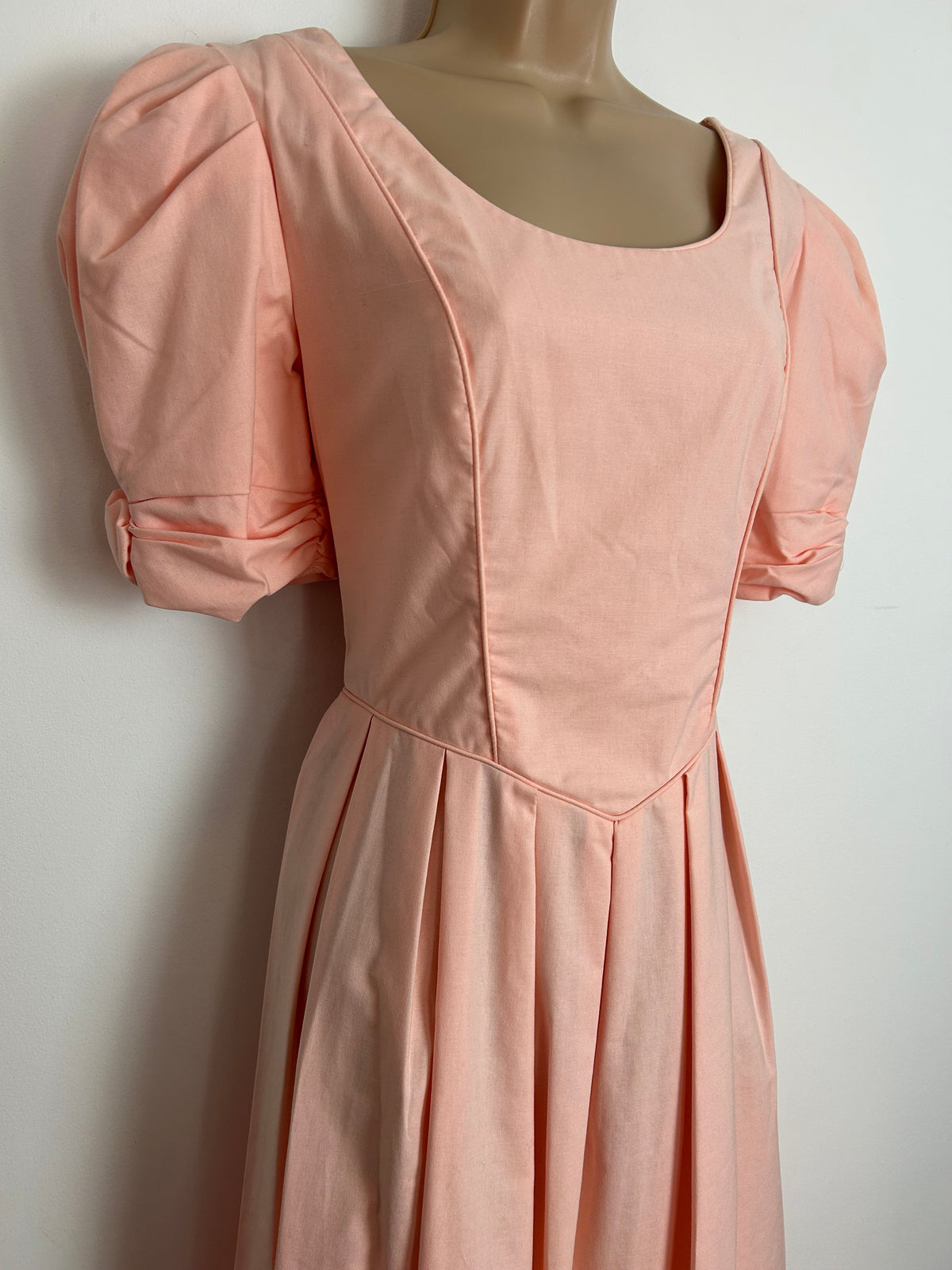 Vintage 1980s LAURA ASHLEY Size 10 (Size 14 On Label) Pale Peach Bustle Back Ballgown Midi Dress