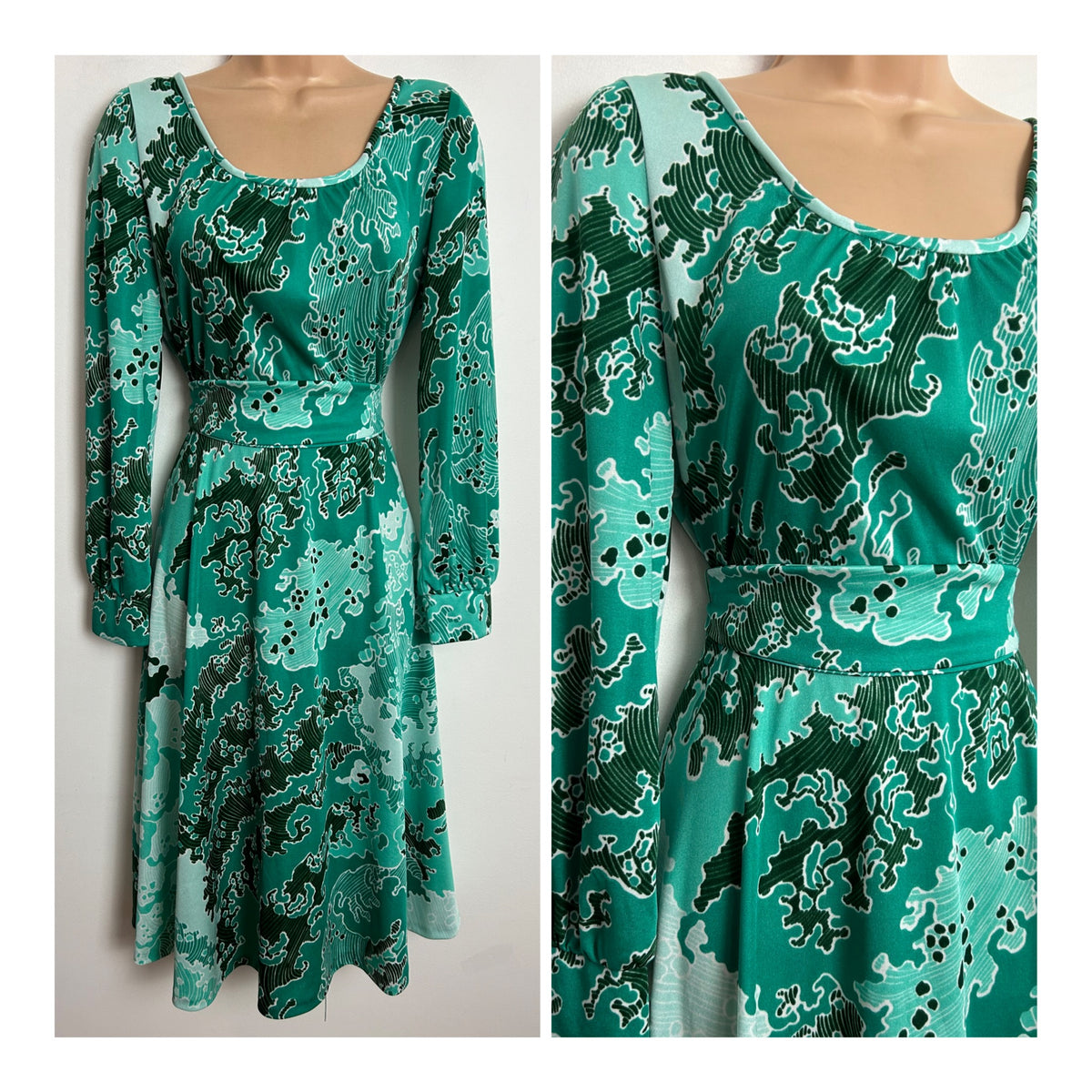 Vintage Late 1970s SIDGREENE OF LONDON UK Size 12 Green Tones Abstract Print Belted Long Sleeve Day Dress