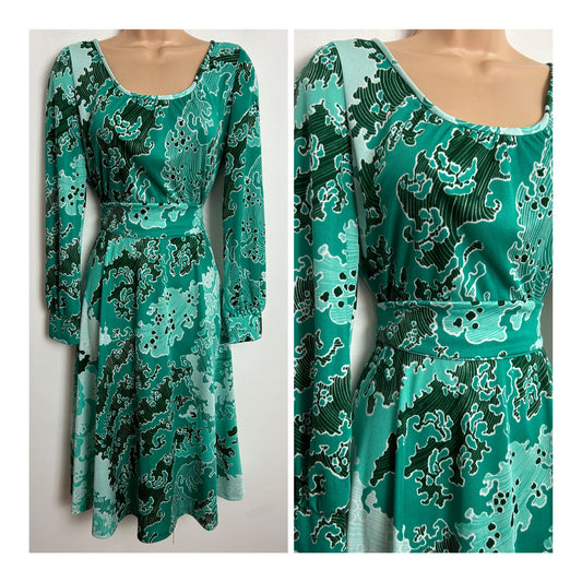 Vintage Late 1970s SIDGREENE OF LONDON UK Size 12 Green Tones Abstract Print Belted Long Sleeve Day Dress