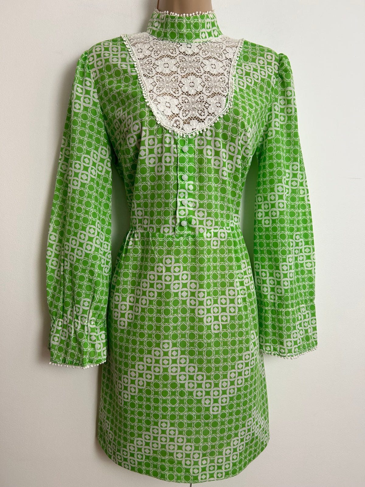Vintage Early 1970s UK Size 10 Green & White Circle & Geo Print Lace Panelled Long Sleeve Mini Dress