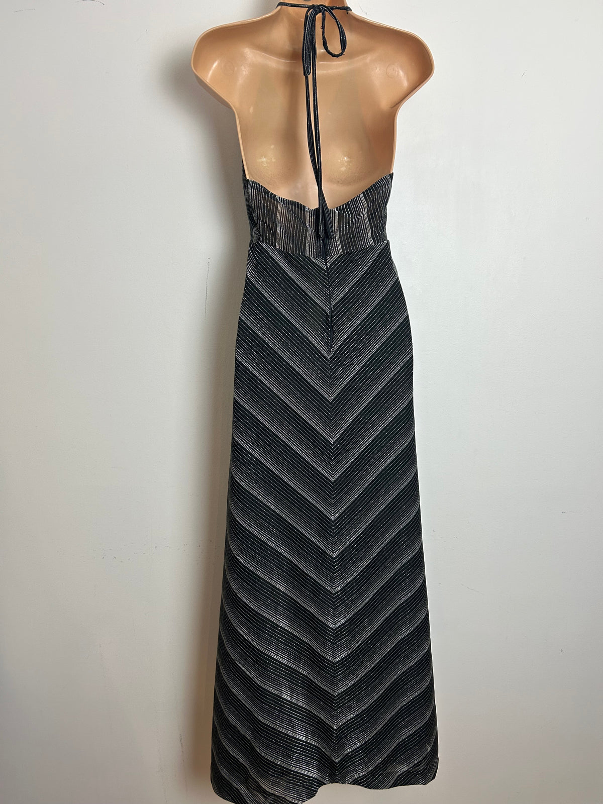 Vintage 1970s Size 10 Black & Silver Chevron Stripe Print Halter Neck Evening Maxi Dress