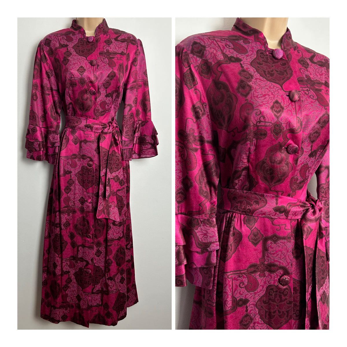 Vintage Early 1970s GLEN ABBEY Size 12-14 Dark Pink Tones Nouveau Scarf Print Satin Feel Belted Midi Dress