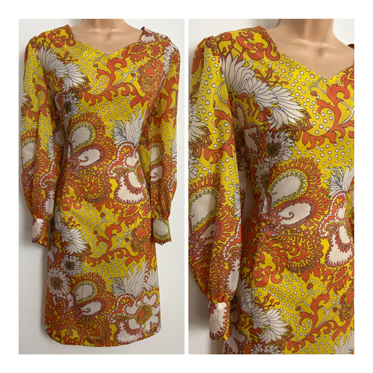 Vintage Late 1960s Size 10-12 Orange Yellow & white Abstract Psychedelic Floral Print Mod Dress