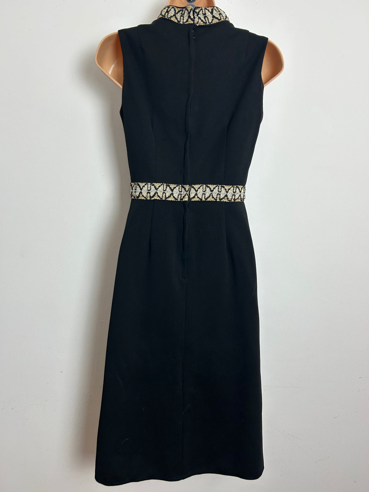Vintage 1960s RONDA ROY Size 6 Black Evening Mod Dress With Silver & Gold Braid Trim Detail