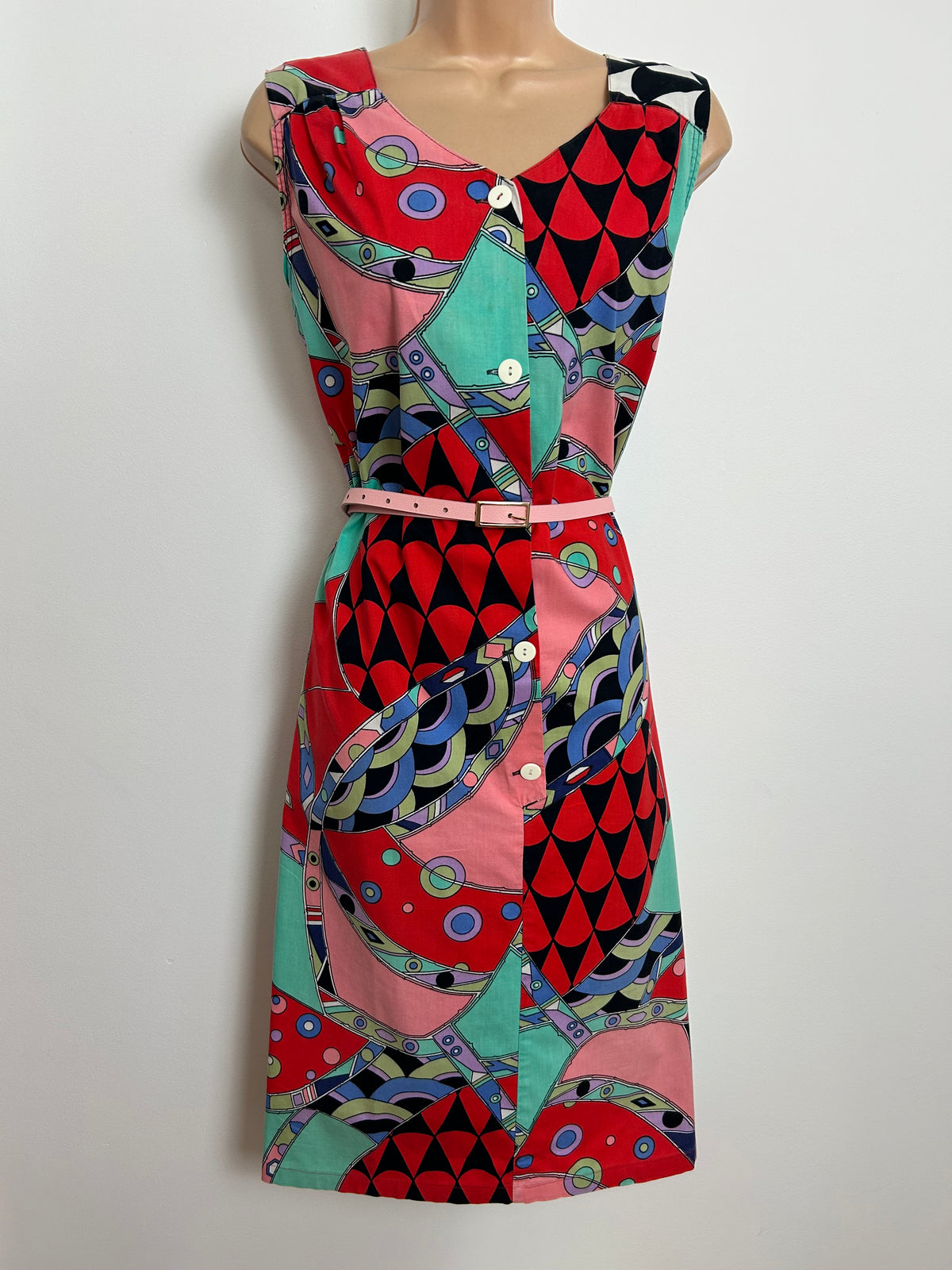 Vintage Early 1980s Size 14 Red Black Pink & Mint Green Abstract Print Cotton Belted Day Dress