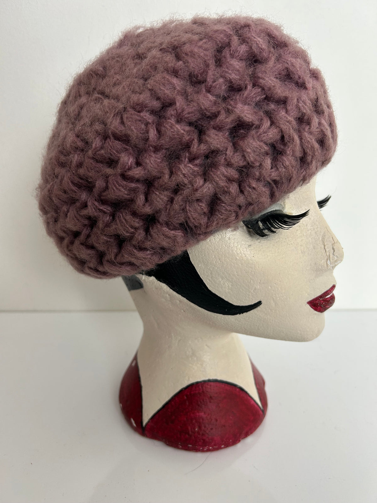 Vintage Dusky Pink Or Grey Angora & Wool Chunky Crochet Knit Reversible Beret/Beanie Style Hat