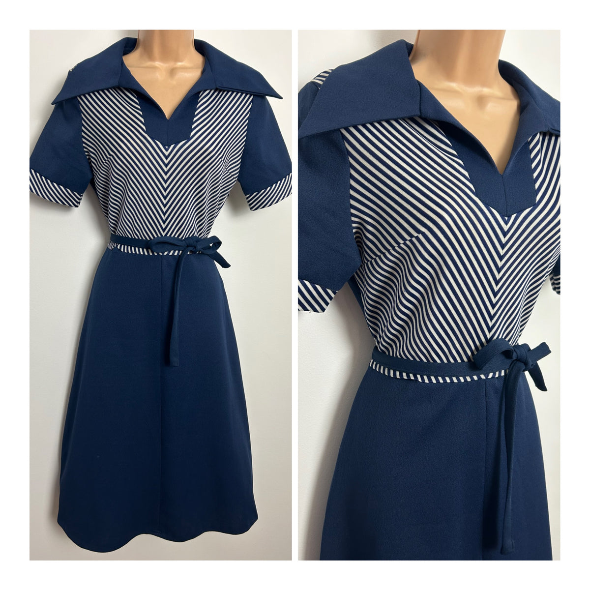 Vintage 1970s Size 10 Navy Blue & White Chevron Stripe Belted Mod Day Dress