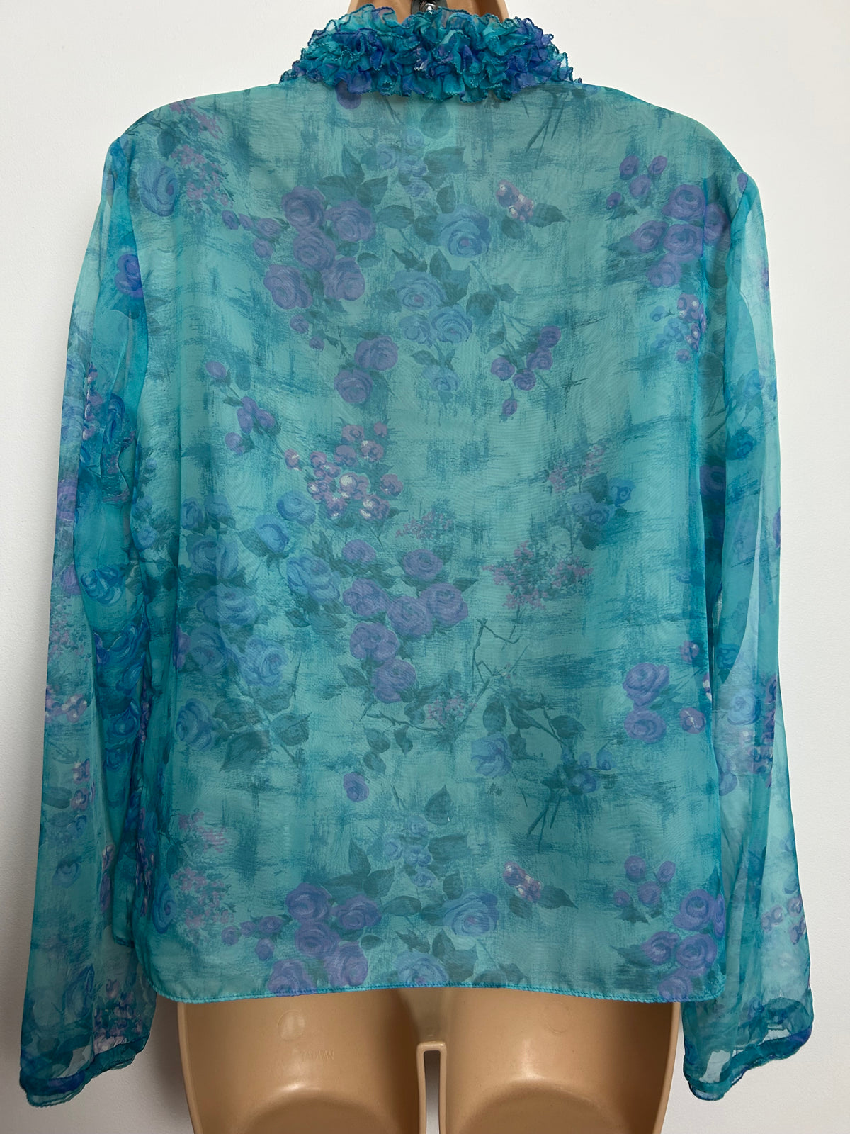 Vintage Late 1960s ST MICHAEL Size 12 Turquoise & Pink Ruffle Tie Neck Nylon Chiffon Blouse