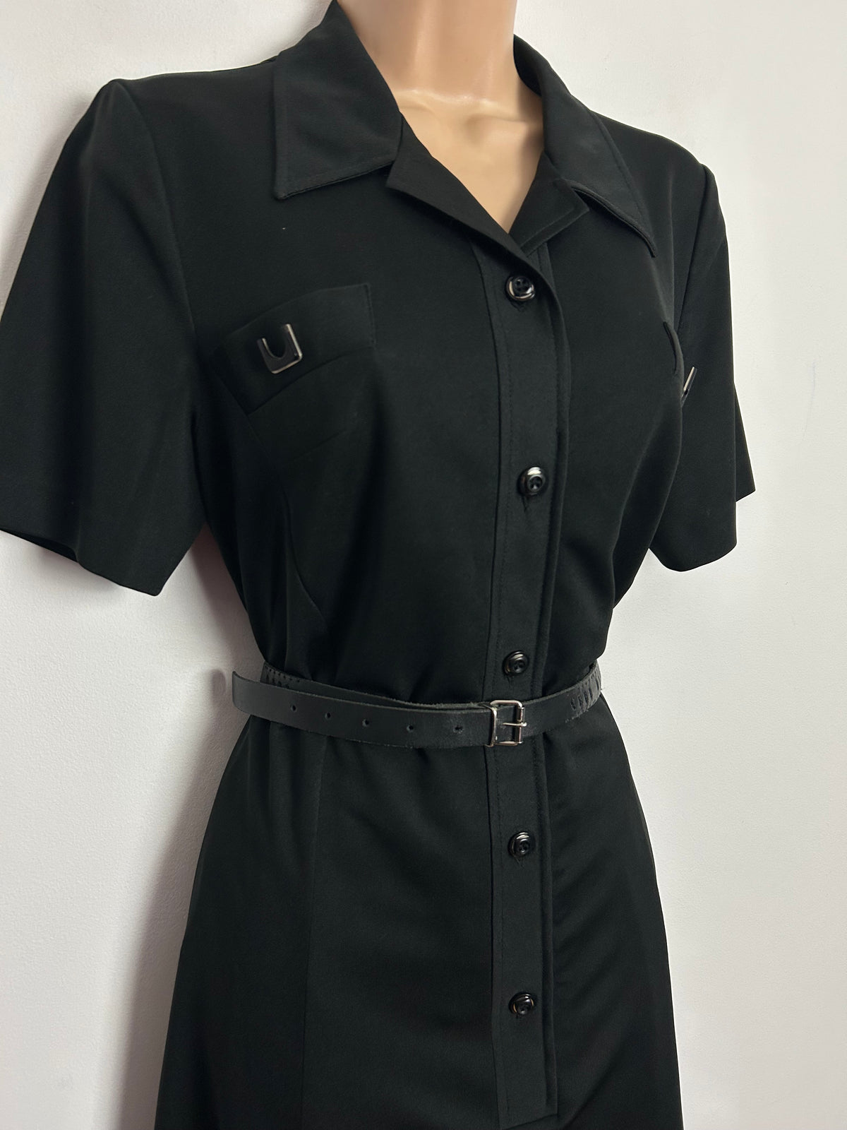 Vintage 1970s UK Size 12 Black Collared Mock Pocket Detail Belted Day Dress