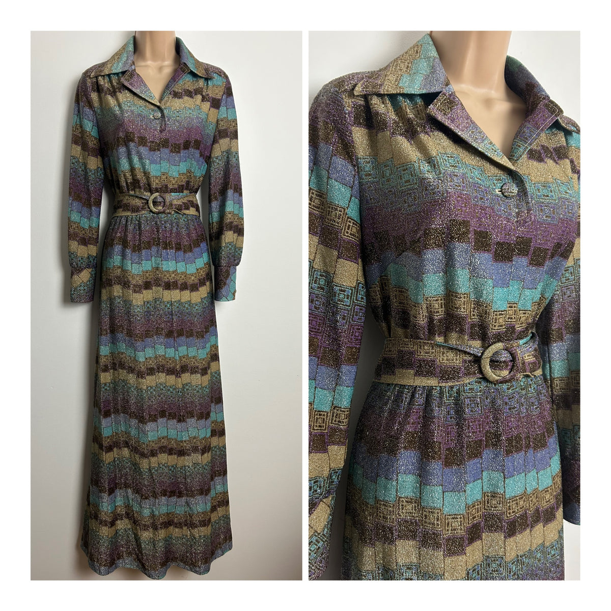 Vintage 1970s Size 12 Blue Beige & Plum Purple Geo Print Lurex Belted Occasion Maxi Dress