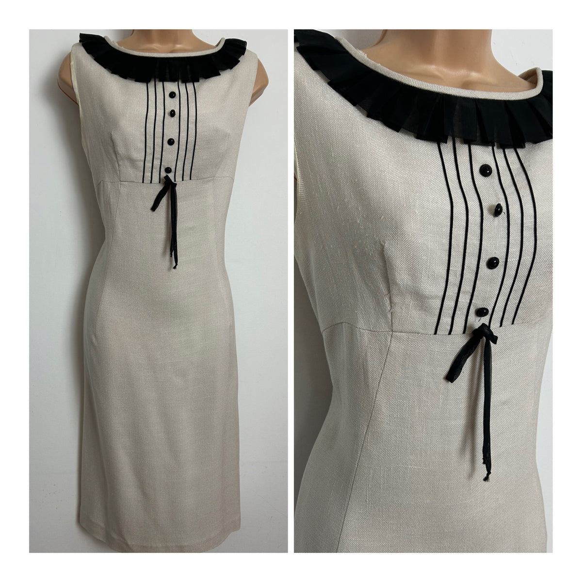 Vintage 1960s Size 10-12 Beige & Black Ruffle Trim Mod Shift Dress