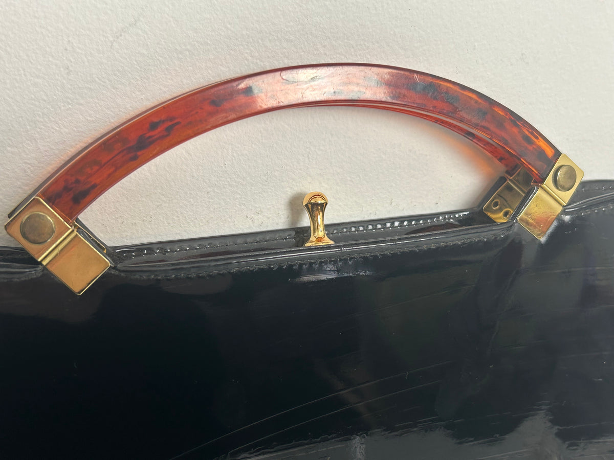 Vintage 1960s ESSELL Fabulous Black Patent Tortoiseshell Handles rectangular Handbag