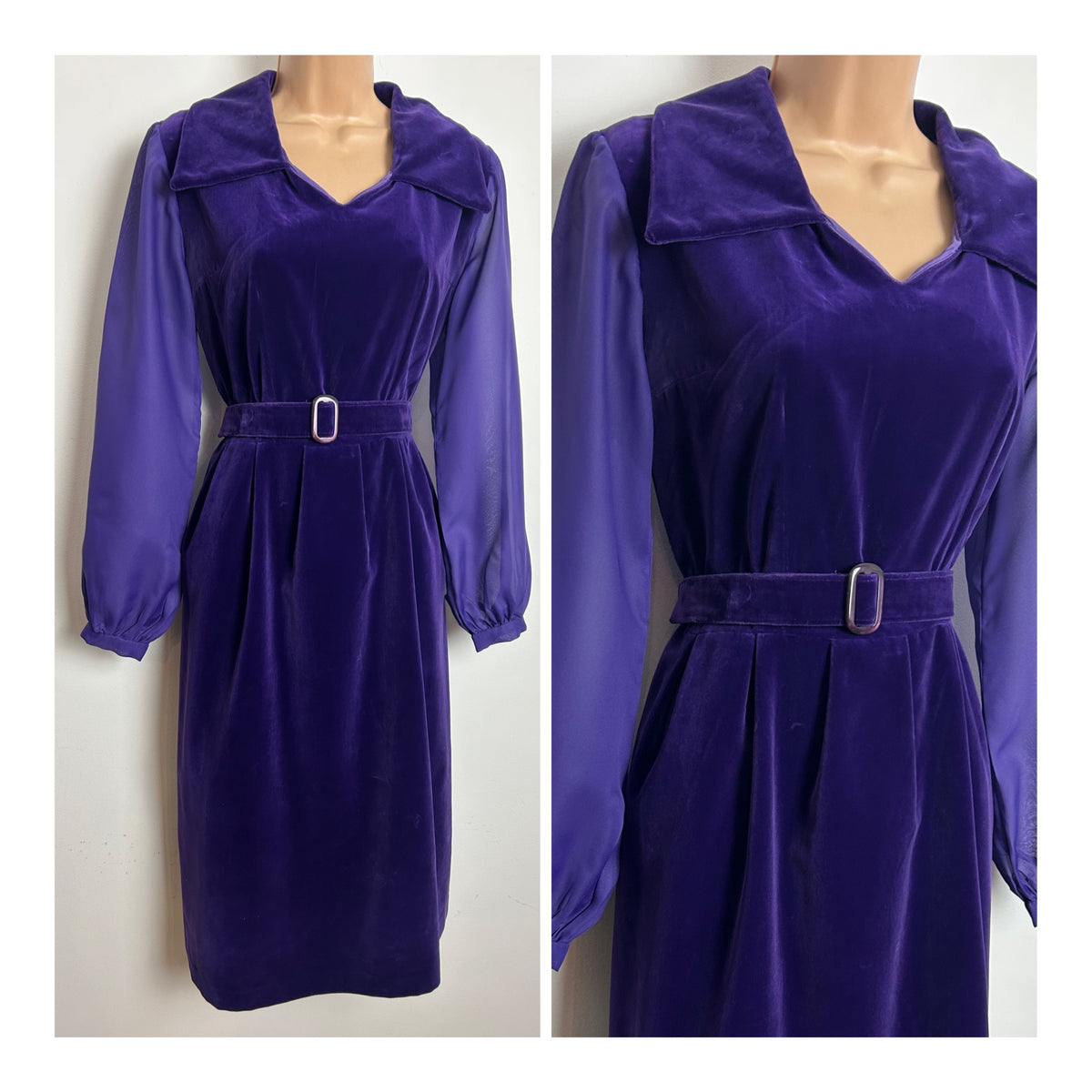 Vintage 1970s Size 10 Purple Velvet & Chiffon Sleeve Belted Dress