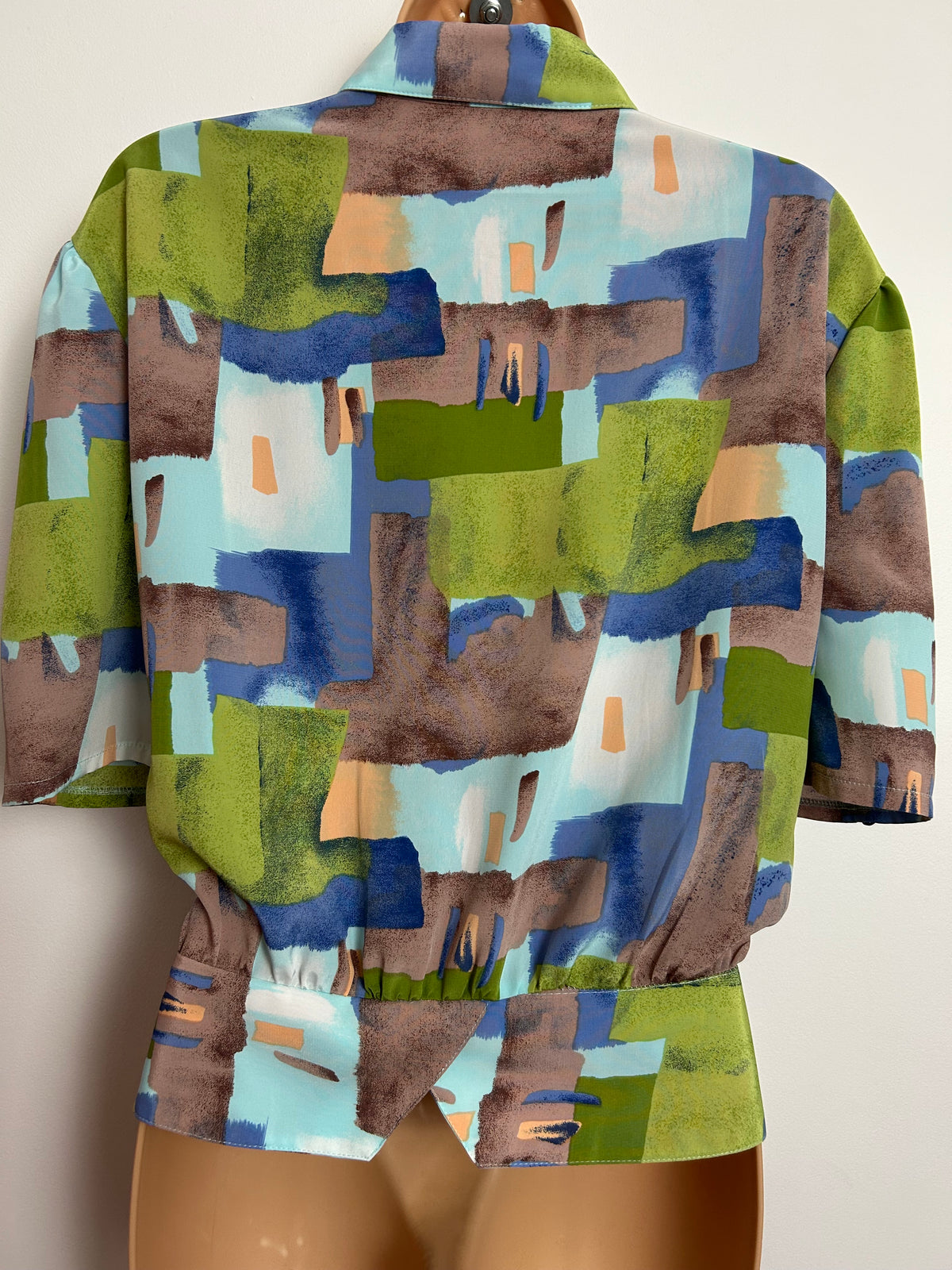 Vintage 1980s Size 16-18 Green Blue & Brown Abstract Print Peplum Waist Blouse