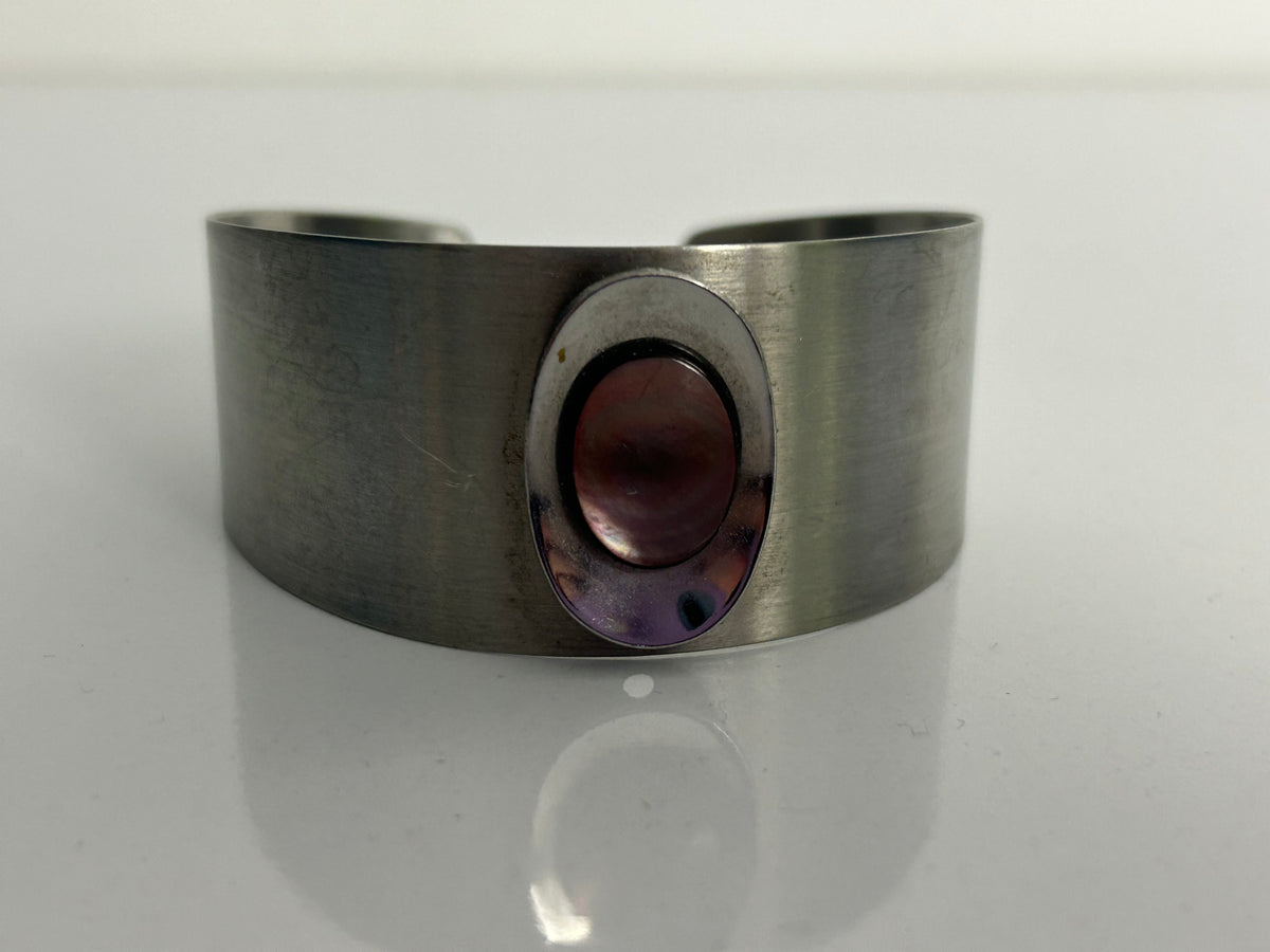 Vintage 1970s Collectable Adeline Stainless Steel By Ralph Weston Shell Disc Set Bracelet