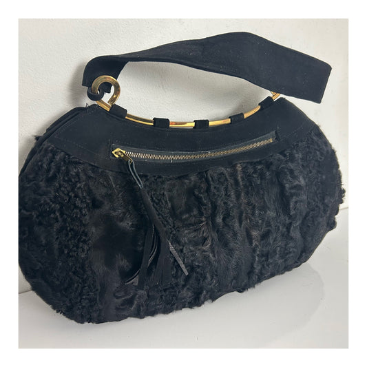 Vintage 1940s Black Persian Lamb & Suede Muff Handwarmer Handbag