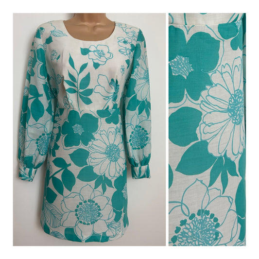 Vintage 1960s CHARMONT OF LONDON Size 10 White & Mint Green Floral Print Tie Back Mini Dress