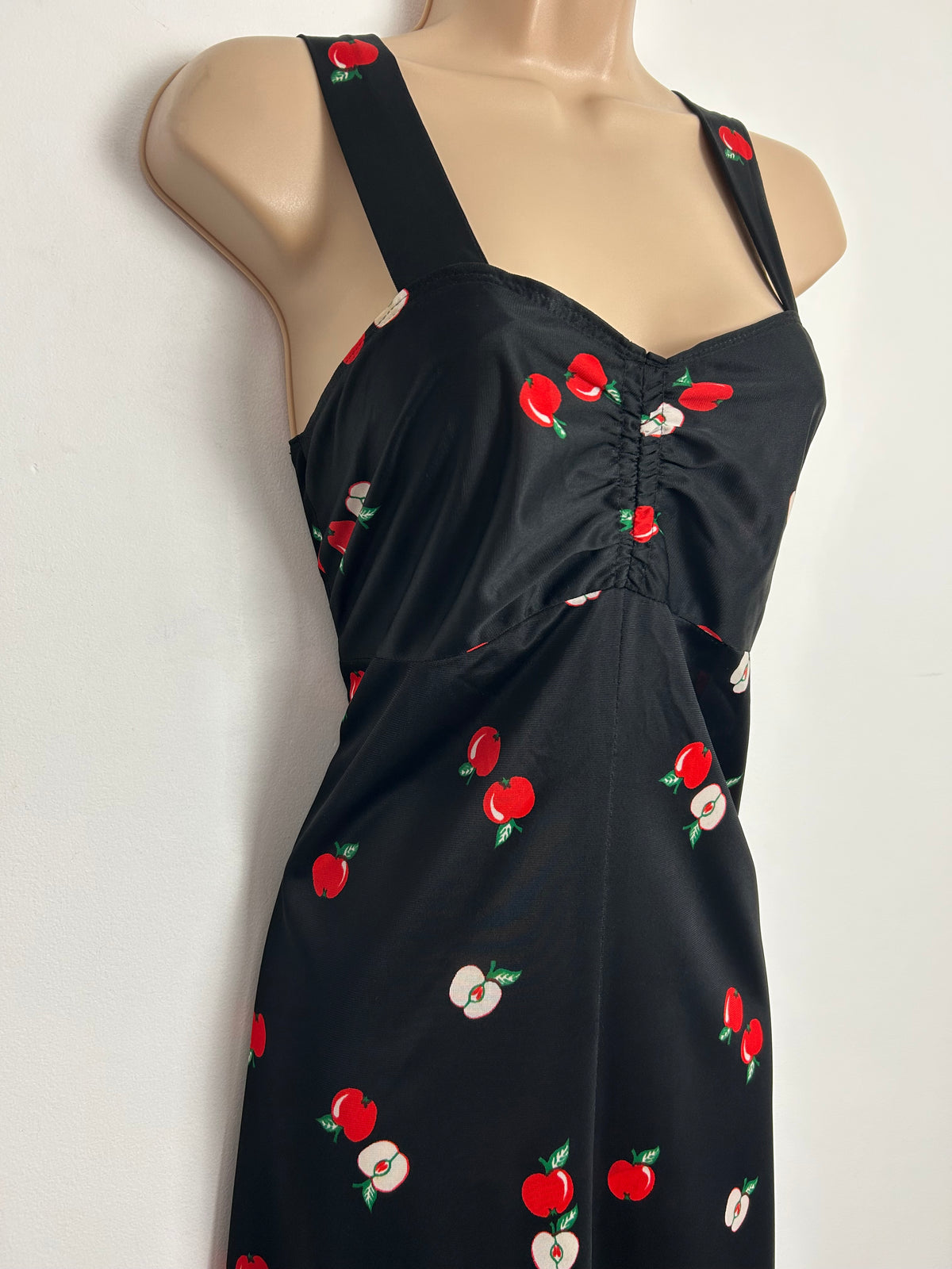Vintage 1970s Size 10 Cute Black & Red Apple Print Strappy Maxi Dress